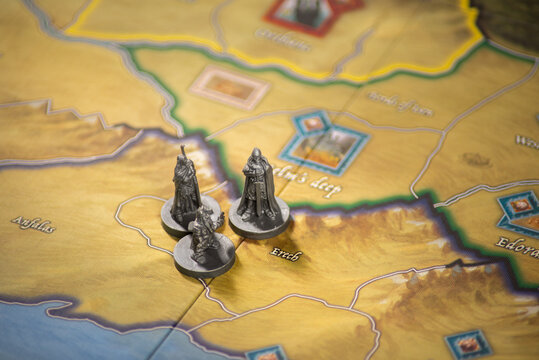 Gimli, Aragorn and Legolas in the region of Erich in Gondor, map representation of Tolkien's Lord of the Rings story