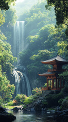 Fototapeta premium Serene waterfall flows past a traditional wooden pagoda nestled in a lush, green forest.