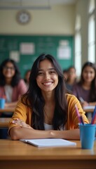 Fototapeta premium A cheerful student in a classroom setting, exuding confidence and positivity, ready to learn. Perfect for educational marketing, school promotions, or youth engagement campaigns.