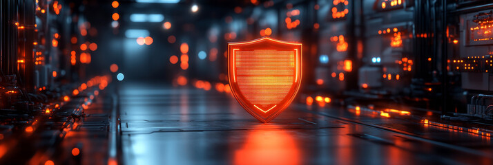 A glowing shield stands alone in a futuristic, neon-lit corridor.