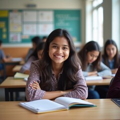 A cheerful student smiles confidently in a classroom filled with engaged peers, embodying the spirit of learning and collaboration.
