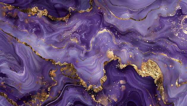 A vibrant abstract artwork featuring rich purple swirls with gold accents, conveying elegance and depth.