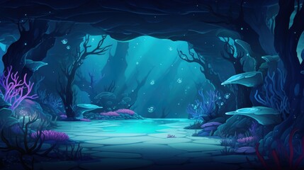 Underwater Cave with Bioluminescent Coral and  Bubbling Water