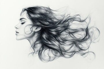 Woman With Flowing Hair in Pencil Drawing