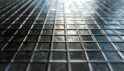 Close-up view of glossy metallic tiles reflecting light, creating an abstract texture in a modern setting.