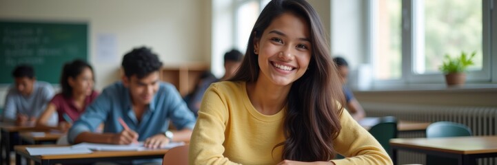 A cheerful student in a classroom, exuding confidence and enthusiasm while learning among peers. Perfect for educational materials, student life promotions, and school campaigns.
