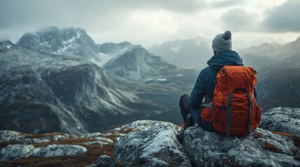Hiker resting on a rocky outcrop, enjoying the mountain view