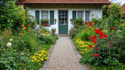 A lovely rural cottage nestled in a picturesque setting, with neat flowers and plants adorning the surroundings.