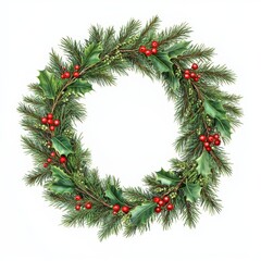 Festive Christmas Greenery Wreath with Pine Needles and Holly Digital Painting on White Background