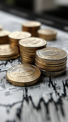 Stacks of coins on a financial chart.