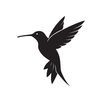 A black silhouette of a hummingbird suspended mid-air