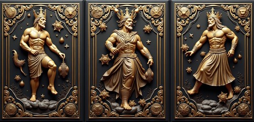 Intricate bronze relief sculptures depicting powerful figures, perfect for adding a touch of mythology and artistry to your design projects.