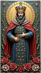 Fototapeta premium A majestic king figure adorned in regal attire, surrounded by intricate floral designs, conveying themes of power, history, and artistry.