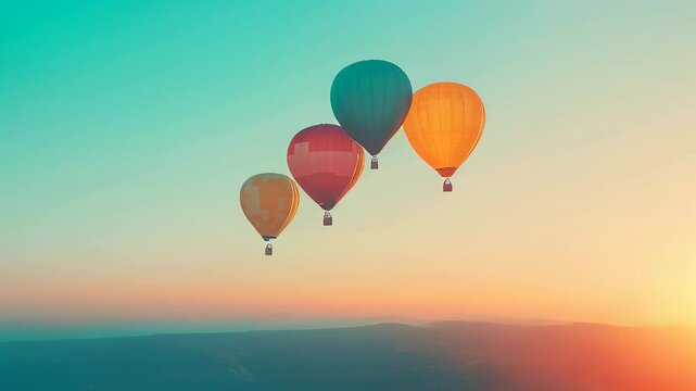 A group of vibrant hot air balloons ascends into the dusk, paint