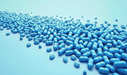 Obraz premium A vibrant collection of blue capsules scattered across a soft blue surface, ideal for pharmaceutical or health-related projects.
