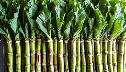 Vibrant display of fresh green sugarcane sticks highlighting natural beauty and rich texture