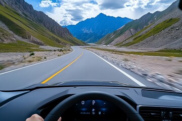 A dashboard camera view of a car driving through a scenic mountain pass, capturing winding roads and breathtaking landscapes