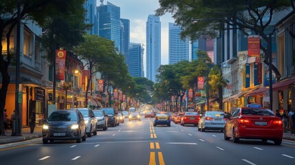 Obraz premium City street modern skyscrapers centuries-old buildings juxtapose pedestrians urban scene. AI generated