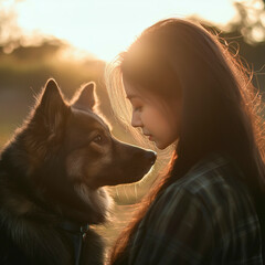 Beautiful girl and her lovely dog enjoy a sunset in the field