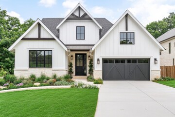 Modern Farmhouse Exterior with White Siding  Black Windows  and Green Lawn