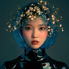 beautiful asian woman with pale skin wearing futuristic bright  latex top