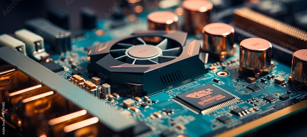 Poster close-up view of a computer motherboard showcasing intricate circuitry and cooling components