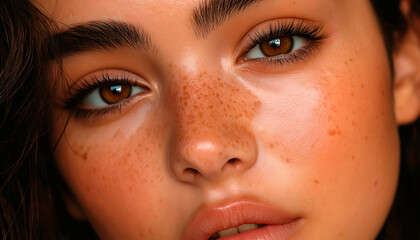 close up of a beautiful woman with brown eyes, moisturized skin and freckles