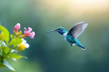 Fototapeta premium Hummingbird in Flight with Pink Flowers