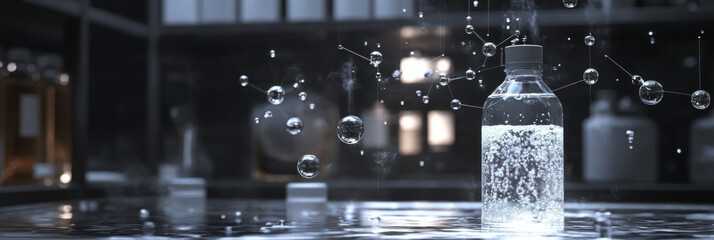 A bottle of liquid with bubbles, surrounded by a network of water droplets.