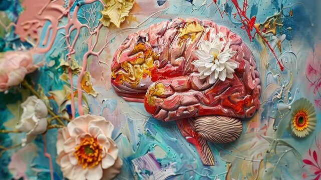 Anatomical brain sculpture resting on a vibrant background covered with acrylic paint and delicate flowers, suggesting a connection between nature, art, and neuroscience