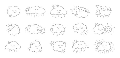 Cute Cloud Character Illustration. Set of meteorology icons. Vector editable outline stroke.