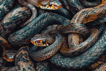 A mysterious encounter among a group of snakes in the wild, showcasing their intricate patterns and behavior in nature