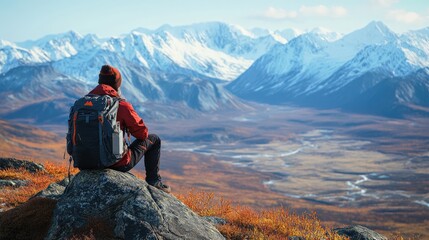 Fototapeta premium Hiker resting on a rocky outcrop, enjoying the mountain view