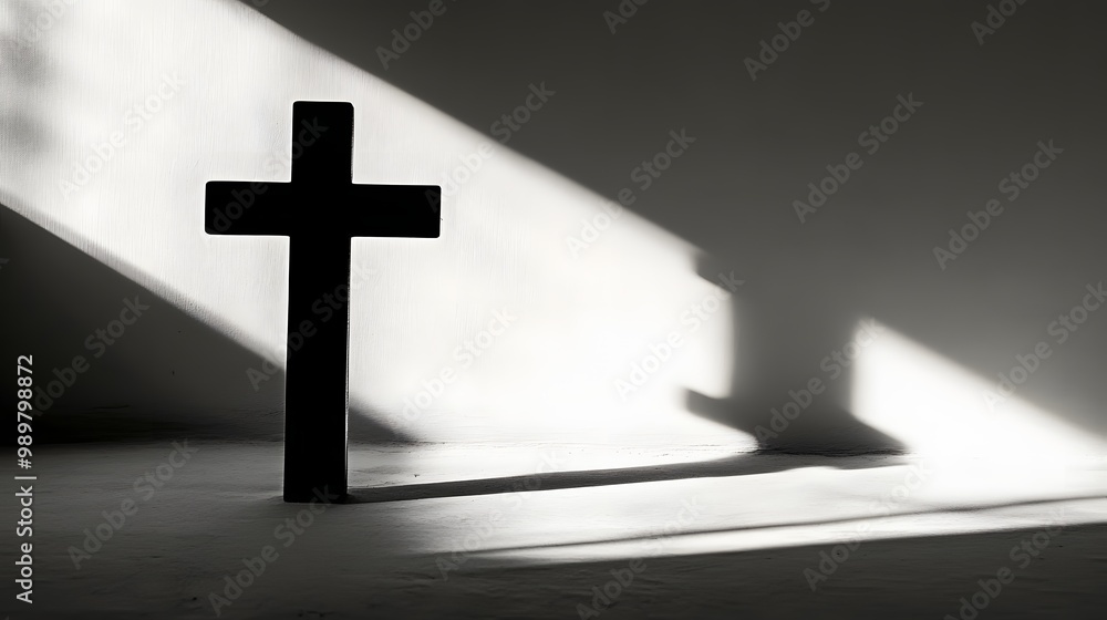 Poster 9. a shadow silhouette of a cross against a white background, emphasizing its shape and form