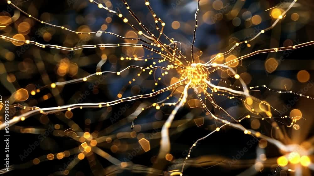 Poster golden network of neurons sending electrical signals in a human brain, representing the power of art