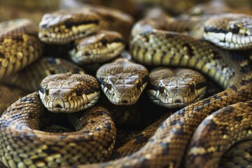 Obraz premium A mysterious gathering of snakes in the wild with heads intertwined in nature's embrace
