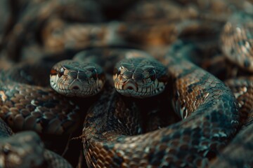 Fototapeta premium A mysterious encounter with a group of snakes entwined together in the wild nature, showcasing their unique behaviors in their natural habitat