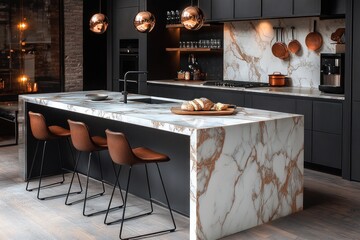 Modern Kitchen Interior Design with Marble Countertop and Copper Accents