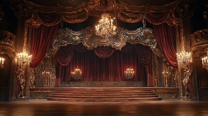 A baroque-style stage with crystal candelabras illuminating a richly decorated backdrop, The wooden platform is adorned with carved floral patterns