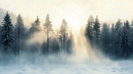 A serene winter morning in a pine forest, with sunlight breaking through the mist and illuminating the snow-covered ground.