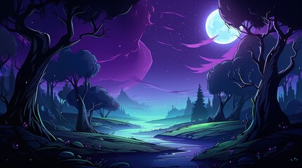 A Mystical Forest Under a Full Moon with a Winding Creek