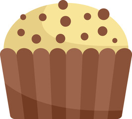 This vector illustration features a chocolate chip muffin with yellow frosting and a brown wrapper, perfect for projects related to baking, desserts, and sweet treats