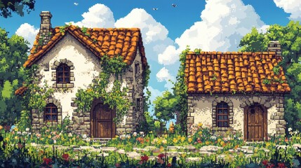 Fototapeta premium Pixel art of a rustic countryside house surrounded by nature