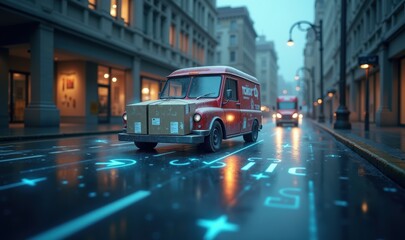 Obraz premium A retro delivery van navigates a rainy city street, illuminated by glowing blue symbols, creating a vibrant urban scene that blends nostalgia and modernity.