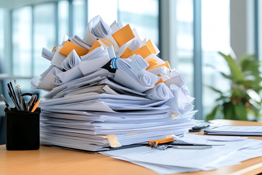 A desk cluttered with paperwork and files, showing the fast pace of office work and deadlines