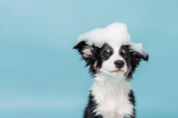 Fototapeta premium Playful black and white border collie puppy enjoys bath time with soap foam on its head against a blue background during Puppy Day