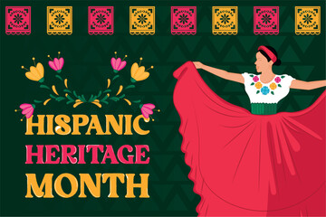 Hispanic Heritage Month banner with folkloric dancer, Vector