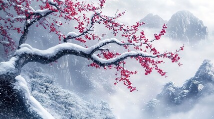 On a cloudy day, a beautiful tree branch is elegantly draped in heavy snow, adorned with misty white and purple-red flowers. 