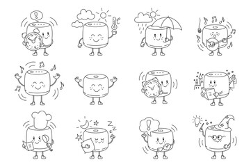 Smart Speaker assistant Character set. Performing various tasks. Vector editable outline stroke.