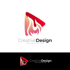 Play logo and fire design combination, red color, burning fire icon
